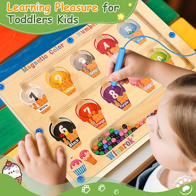 2 in 1 Magnetic Color and Number Maze, ABC Alphabet Puzzles Board Magnet Ice Cream Toys, Montessori Educational Magnet Puzzle, Preschool Learning Counting Toys for 2 3 4 5 Christmas Birthday Gifts