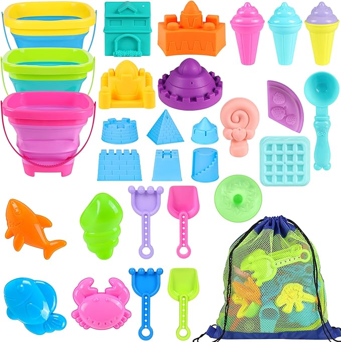 Collapsible Beach Toys for Kids Toddlers, 3 Foldable Buckets and Shovels Set, Sand Castle Building Kit, Ice Cream Travel Sand Toys for Sandbox & Mesh Bag, Beach Essentials for Boys Girls Age 3-10