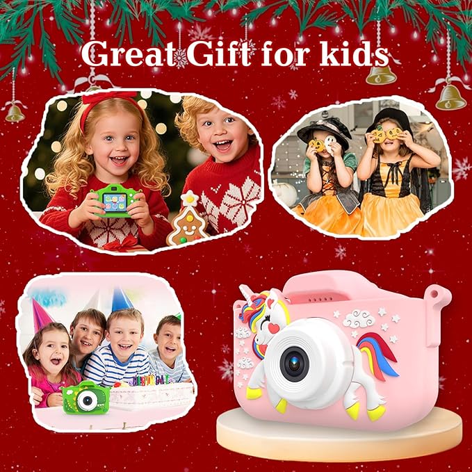 Kids Camera for 3-9 Year Old Boys Girls, Children Digital Camera with Cute Cartoon Soft Cover & 32GB SD Card, Best Christmas Birthday Gifts for Grandkids, Halloween Party Favors for Kids - Pink
