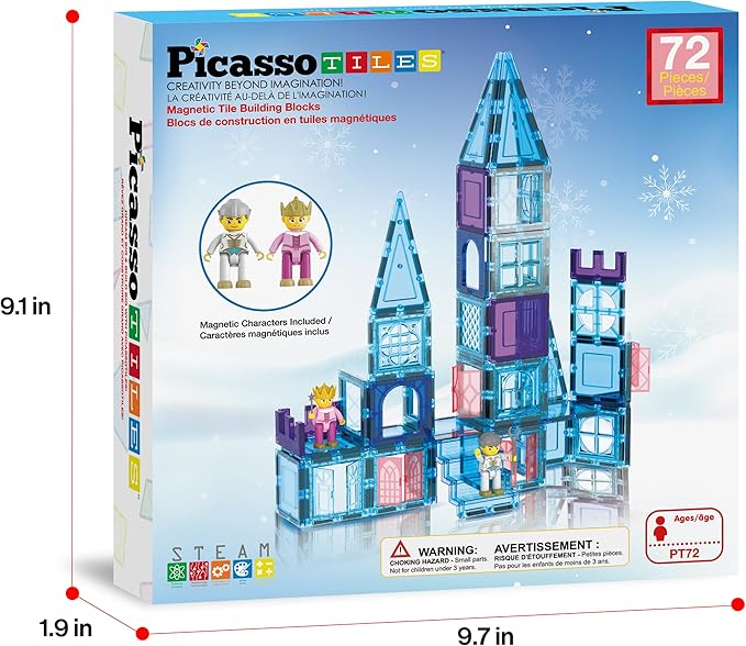 PicassoTiles 72 Piece Magnetic Building Tiles Castle Winter Ice Theme Construction Magnet Block Set with Princess Prince Character Stairs Windows Doors STEM Learning Educational Toy Kids Ages 3+ PT72
