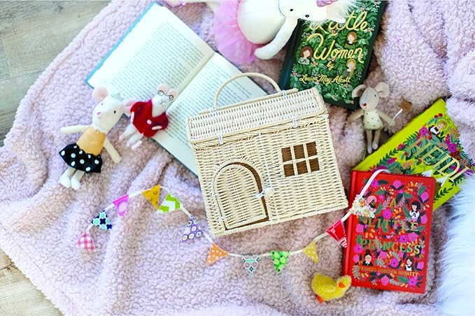 Rool Rattan House Shaped Basket Wicker Small Dollhouse Gift for Girls, Boho Toys, Mouse in a Box House, Little Girl Purse Clutch, Doll Carrier (Cream)