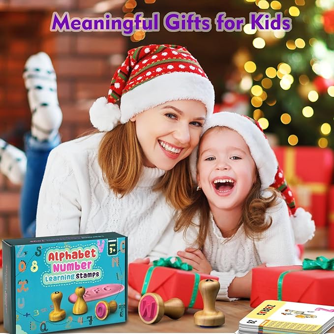 Wooden Alphabet Stamps & Number Letter Stamps for Kids - Montessori Learning Toys with Flashcards, ABC Spelling & Math Games for 3 4 5 Year Olds, Classroom Art Crafts Preschool Supplies