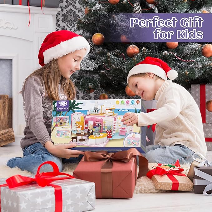 MITCIEN Dollhouse Playset, DIY Pretend Portable Caravan Camper Bus Toy Kit with Little Critters Bunny Dolls Mini Cottage House Set Camping Family Toys for Toddler 3 4 5 6 Year Old Girl