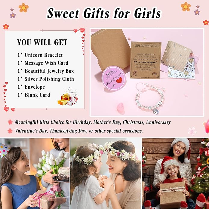 Hidepoo Christmas Gifts for Grandkids Girls - CZ Initial Unicorn Bracelet Adjustable Pink Pearl and Rhinestone Balls Heart Initial Unicorn Bracelets Jewelry Birthday Gifts for Girls Stocking Stuffers