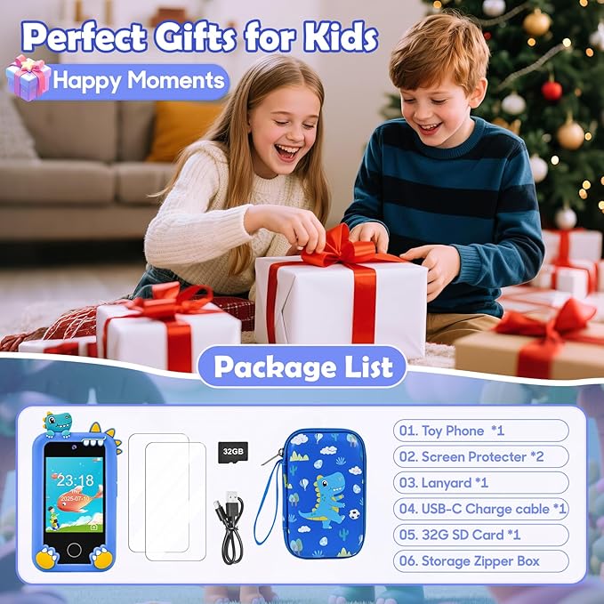 Kids Phone for Boys, Dinosaur Toy Phone Christmas Birthday Gifts for Boy Ages 3-10, Toddler Learning Phones with Touchscreen, 44 Game, Dual Camera, Music Player, 32GB Card & Dino Bag (Blue)