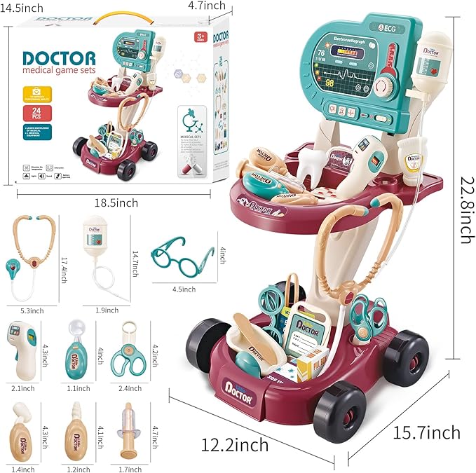 Deejoy Toy Doctor Kit for Kids,Doctor Role Play Costume,Medical Bag,Eye Chart,Thermometer,Stethoscope,Pulse Machine,24 Piece Pretend Medical Station Set for Boys & Girls ,Great Gift for Toddler