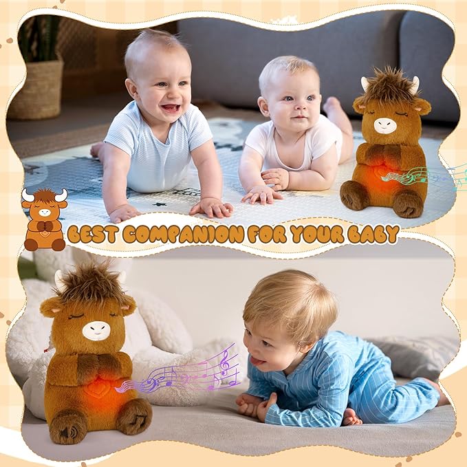 Breathing Stuffed Animal, Highland Cow Plush Soothing Baby Toy, Soothing Sound Machine Plushies with Calming Music, Lights, Sleeping Breathing Motion Doll for Kids Boys Girls