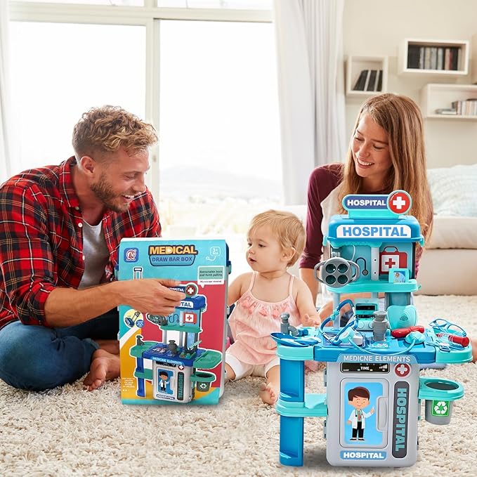 Doctor Kit for Kids 3-5, Toddler Play Set with Rolling Cart, Costume, and Stethoscope, Role Play Kids Doctors Set (Blue)