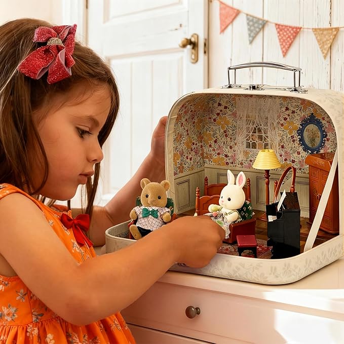 Dollhouse Bedroom Furniture Accessories Suitcase Set for Kids, 2 Flexible Dolls/Table/Bed/Bedclothes/Floor Lamp/Safety Mirror/Wardrobe/Piano/Stool, Pretend Play Christmas Birthday Gift for Girls 3+