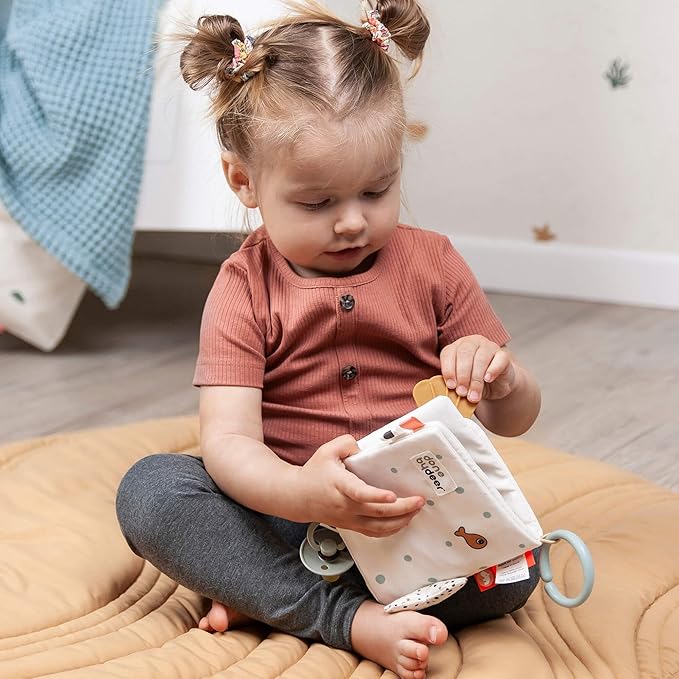 Done by Deer Soft Activity Book for Babies – Sea Friends Crinkle Sensory Toy with Teether, Mirror & Textures – Tummy Time & Stroller Toy for Newborns and Infants – Color Mix