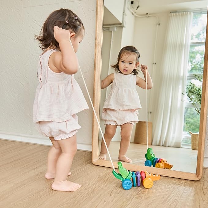 PlanToys® Rainbow Dancing Alligator Pull Toy for Toddlers | Eco-Friendly Wooden Toy with Click-Clack Sound | Walking Toy for Babies