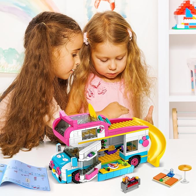 HOGOKIDS 3-in-1 Girls Camper Van Building Set - 494PCS Summer Beach Camping Building Blocks Sets | Food Truck Toys with Slide and Stickers | Easter Gifts for Girls Boys Age 6 7 8 9 10 11 12+