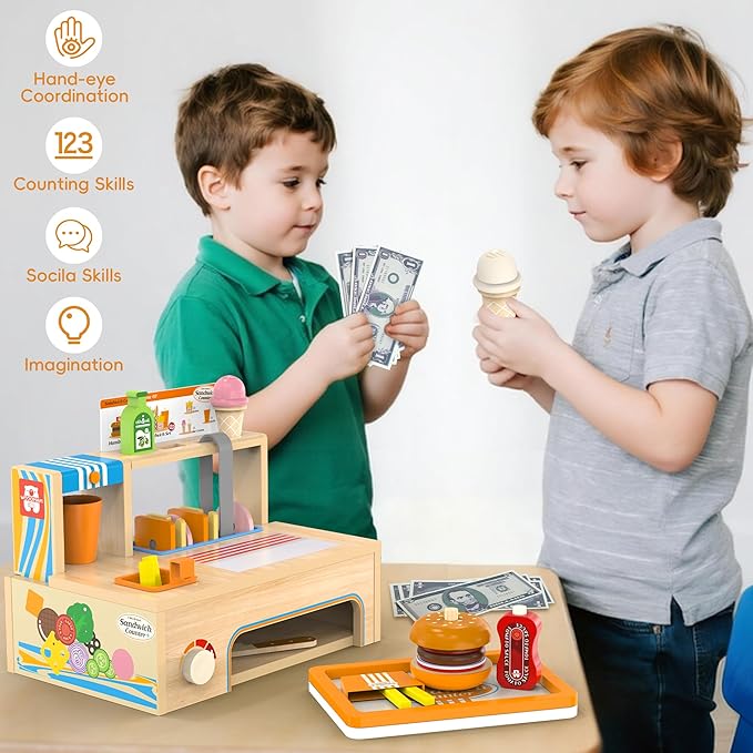 Wooden Play Food Sets Sandwich Counter with Storage, 56 Pcs Foldable Pretend Play Kitchen Food Toy, Burger, Ice Cream, Fries, Play Money, Kids Play Store Boy Girl Birthday Gift for Toddlers Ages 3+
