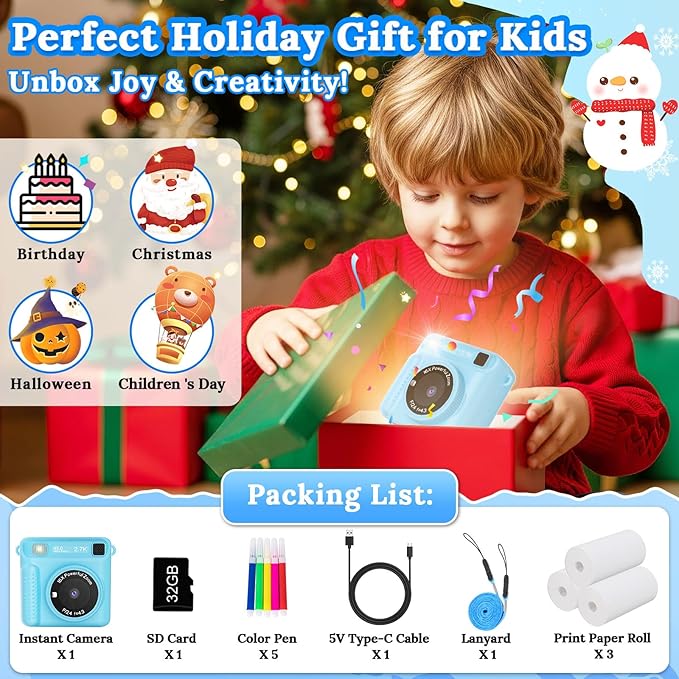 Instant Print Camera for Kids, 1080P Digital Kids Camera, Christmas Birthday Gift for 3-12 Years Old Girls & Boys, Portable Toy with 32GB SD Card & 3 Rolls Printing Paper (Blue Pro)