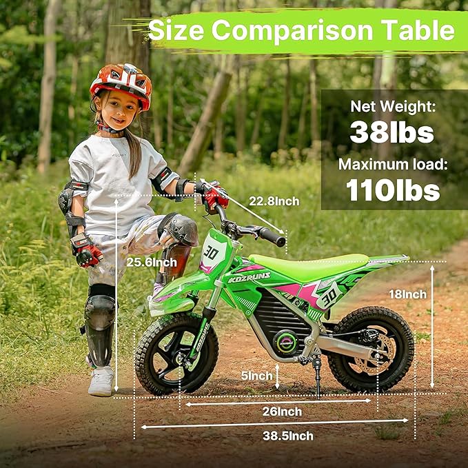 Electric Dirt Bike for Boys Girls Ages 3-8, 250W High Racing Competition Grade Motorcycle, Up to 15MPH 3 Speed Settings Balance Bike, 12IN Off-Road Tires & Advanced Shock Absorption, Green