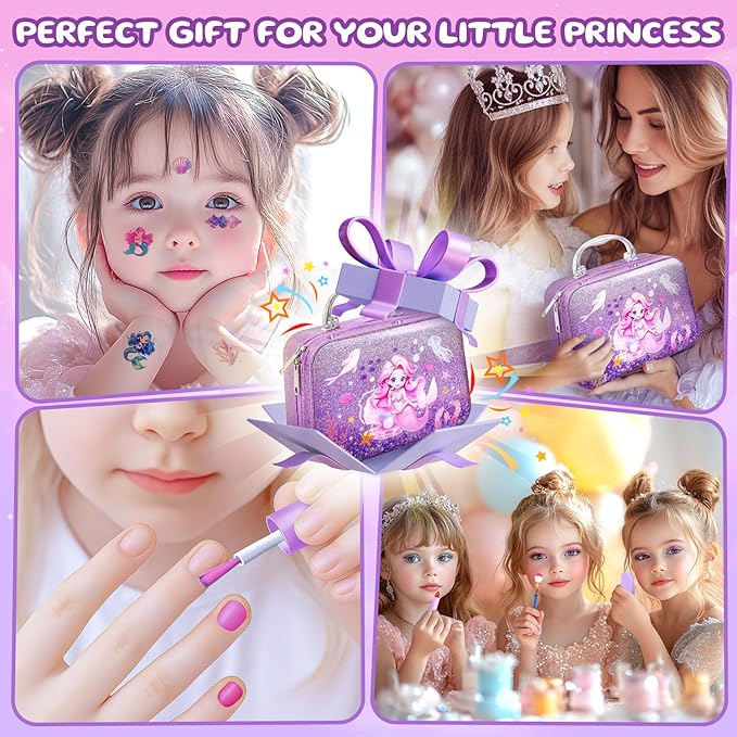 Kids Makeup for Toddlers Toys, Washable Make Up Set Non-Toxic Mermaid Toys for Girls, Kids Hair, Nail Polish, Brushes, Purse Accessories, Princess Christmas Birthday Gift Toys for Girls 3+
