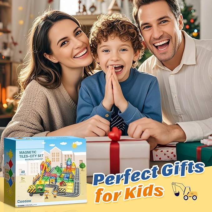 Coodoo Kids Games Magnetic Tiles Road Set with Extendable Magnetic Crane, City Construction Building Toys for Toddlers STEM Preschool Ages 4-6 5-7, Gifts for 3+ Year Old Boys Girls Kids Toys with Car