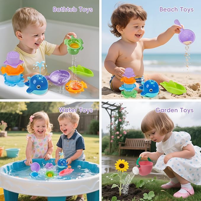 Mold Free Bath Toys, 11PCS | Safe Easy Clean & Fun Floating Boats & Spoon & Watering Can and Whale Bath Toy for Babies 12+ Months | Colorful Bathtub Pool Water Table Sand Toys for Babies and Toddlers