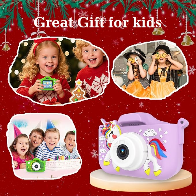 Kids Camera for 3-9 Year Old Boys Girls, Children Digital Camera with Cute Cartoon Soft Cover & 32GB SD Card, Best Christmas Birthday Gifts for Grandkids, Halloween Party Favors for Kids - Purple