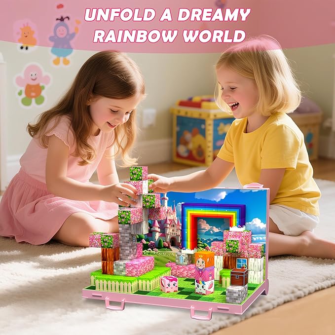 Magnetic Blocks, Build 3D Magnet Building Toys World with Princess Magnetic Tiles, Foldable Magnet Board, STEM Sensory Toy for Kids, Toy Building Sets Gifts for Age 3, 4, 5-10 Year Old Boys Girls
