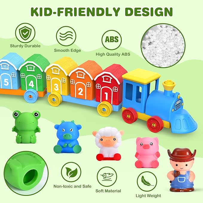 Montessori Toys for Toddlers 1 2 3 Years Old, Farm Animal Train Set with Counting Matching Sorting Activities 9 Barns, 10 Finger Puppets, 2 Stickers-Learning Toys for Baby Boys Girls, Preschool Gift