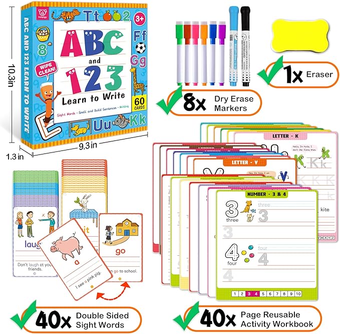 Preschool Learning Activities - Reusable Letter & Number Tracing Book for Kids 3,4,5,6 Years Old -Builds Handwriting & Sight Words, PreK Kindergarten Workbook, Learning Toy Gift for Toddlers