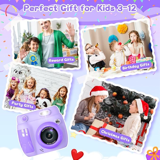 Kids Camera Instant Print, Birthday Gifts for Girls Boys with 3 Rolls Print Paper & 32GB Card, 48MP Toddler Digital Camera 1080P HD Video Toys Cameras for Kids 3-12, Purple