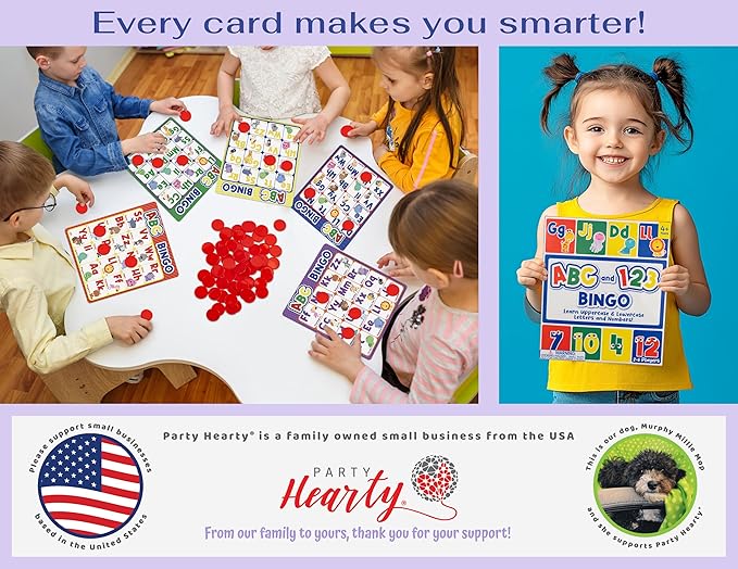 Party Hearty Alphabet and Number, ABC and 123 Bingo Board Game for Kindergarten and Preschool Kids Learn to Read Fun 2 Versions for Ages 4 and Up (Animal Edition)
