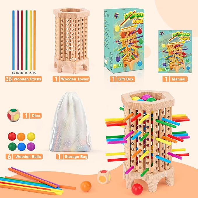 Montessori Game Wooden Board Games for Kids 4-6-8-12, 36 Colorful Stick Math Educational Toys for 3 4 5 6 Year Olds, Classic Fun Dice Games for Family Game Night for 2-6 Players Gift