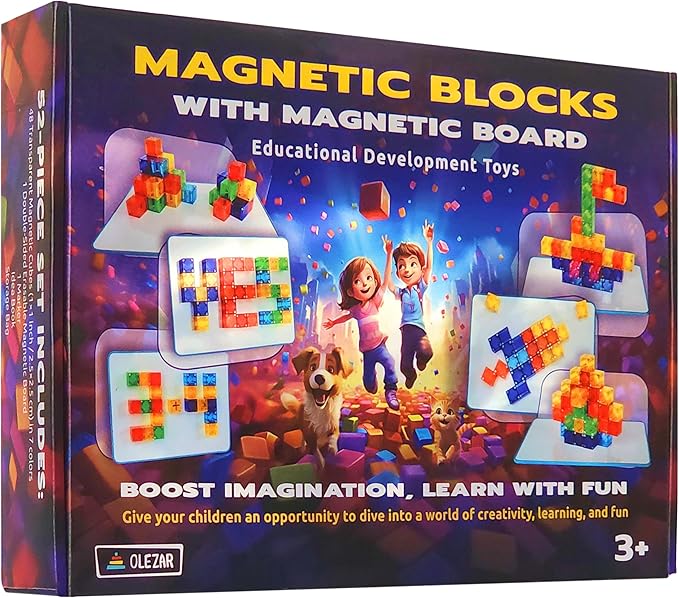 48pcs Magnetic Transparent Blocks, 1inch, 2-in-1 STEM Set with Board, Marker & Book, Educational Building Toy for Kids 3-5, Learning Building Magnet Toys, Magnetic Cubes for Kids Ages 4-8