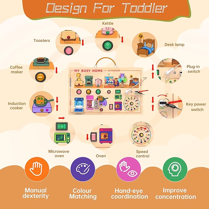 My Busy Home Montessori Busy Board for Toddlers 1-3, Wooden Sensory Activity Board with Switches, Lights, Clock, Kitchen Appliances Toys, Educational Busy Board for 1+ Year Old Boys Girls