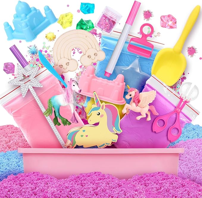 G.C Unicorn Sensory Bin for Girl Kid Toy, Play Sand Art Kit 108pcs with Sandbox, 2lb Color Sand, 6 Castle Molds, Unicorn Tactile Sensory Toy Christmas Birthday Gift for Girl Toddler Ages 3 4 5 6 7 8