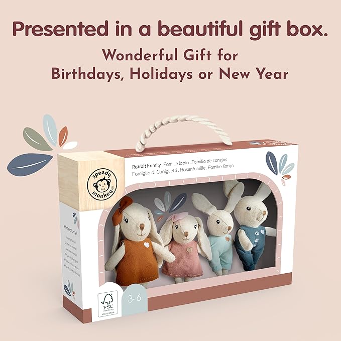 SPEEDY MONKEY Rabbit Family Set β Miniature Bunny Figures with Parents & 2 Baby Rabbits β Pretend Play Doll House Family for Kids, Toddlers, Girls β Cute Dollhouse Decor Toy