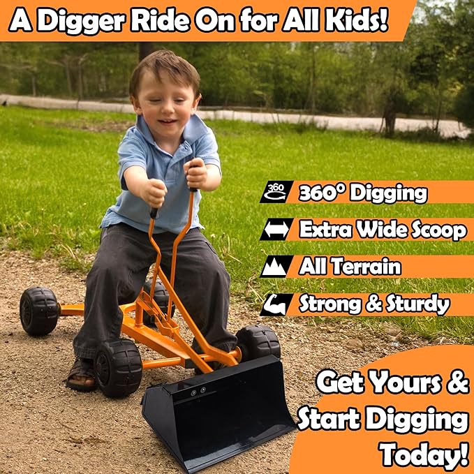WONKAWOO Sand Digger Backhoe Loader for Kids, 360 Degree Ride On Metal Excavator Bulldozer Digging Toy for Sandbox and Beach, Patented Extra Wide Scoop Bucket