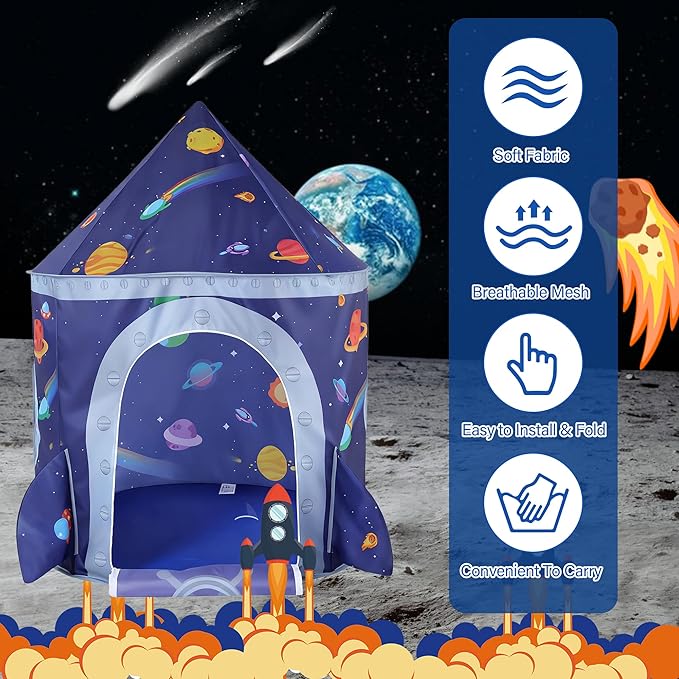 TTLOJ Rocket Space Ship Kids Play Tent Gift, Toddlers Playhouse Castle Toys, Baby Boys Girls Gift for 3 4 5 6 7 Year Old, Outdoor Indoor Teepee Tent