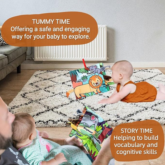Soft Baby Books, Tummy Time Cloth Toys 0-6 Months Touch Feel Sensory Book Jungle Tails for Babies Girls 6 to 12 Month 0-3-4-5-6-7-8-9, Newborn Infant Boy Christmas Toy Gifts Stocking Stuffers