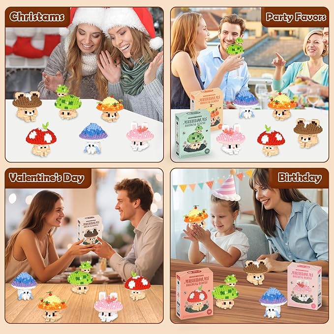 HIGH GODO 6 Set Mushroom Animals Micro Building Block Set, Creative Ideals Mushroom Animal Building Kit for Adults, Party Favors for Kids Boys Girls 12+ (1956PCS)