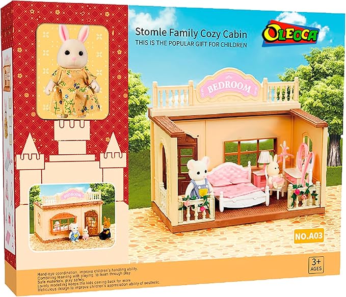 Family Bedroom Doll House — Cozy Cabin with Bunny Figure, Bed, Vanity & Accessories, Complete Modular Dollhouse Playset for Creative Pretend Play Ages 3+