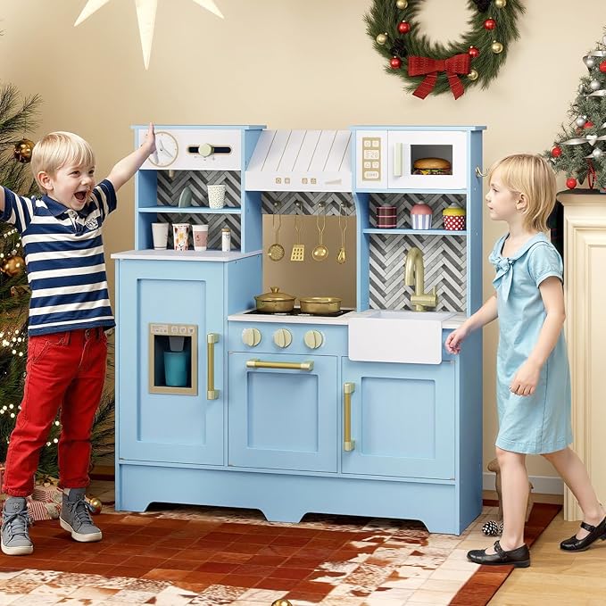 Costzon Kids Kitchen Playset, Toddler Pretend Cooking Playset w/Stoves, Faucet, Sink, Coffee Machine, Range Hood, Microwave Oven & Ice Dispenser, Wooden Chef Play Kitchen for Kids Aged 3+ (Blue)
