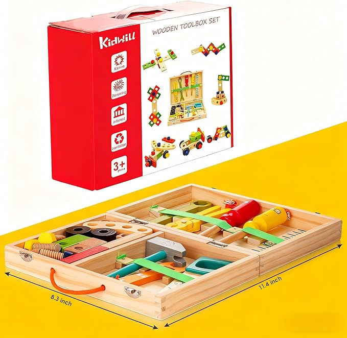 KIDWILL Tool Kit for Kids, 36-Piece Wooden Toddler Tools Set Includes Tool Box, Montessori Educational Stem Construction Toys for 2 3 4 5 6 Year Old Boys Girls, Best Birthday Gift for Kids