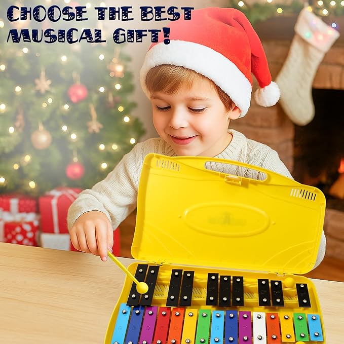 MINIARTIS Glockenspiel Xylophone | 25 Note Colorful Metal Keys Xylophone for Kids | Percussion Musical Instrument | Educational Music Toy Includes Music Songbook, Mallets and Yellow Carry Case