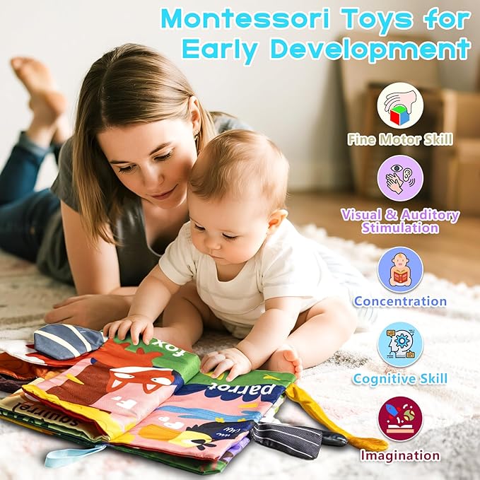Soft Book Toys for Babies 0-18 Months, 2PCS Crinkle Cloth Books – Animals and Ocean Themes, Tails Sensory Book with Rings for Hang, Montessori Early Learning Infant Toy for 0-6-12-18 Month