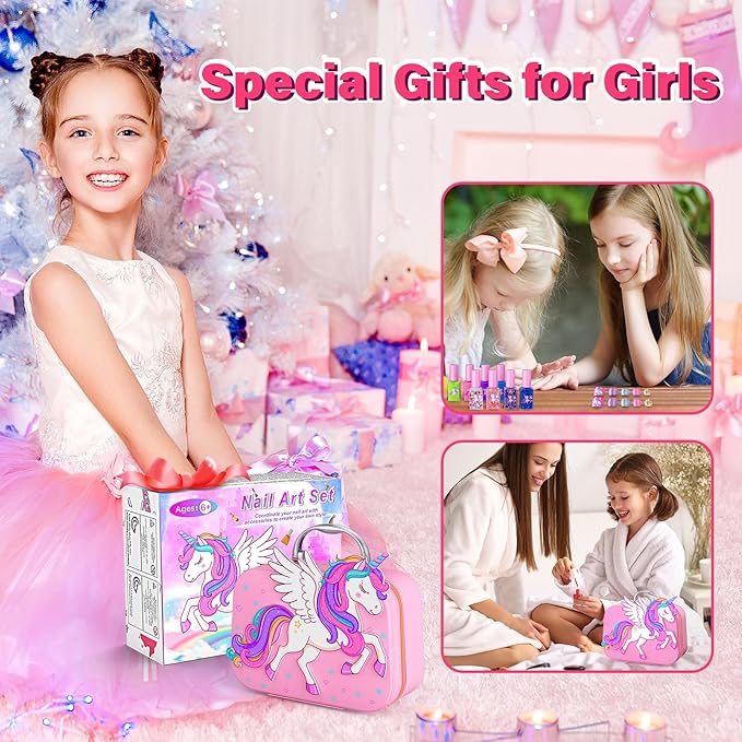 Kids Nail Polish Set for Girls Toys, Washable Quick-Dry Toddler Nail Art Kit with Air Cooling Dryer and Cosmetic Case, Christmas or Birthday Gifts for Girls Ages 3 4 5 6 7 9 10 11 12-Pink