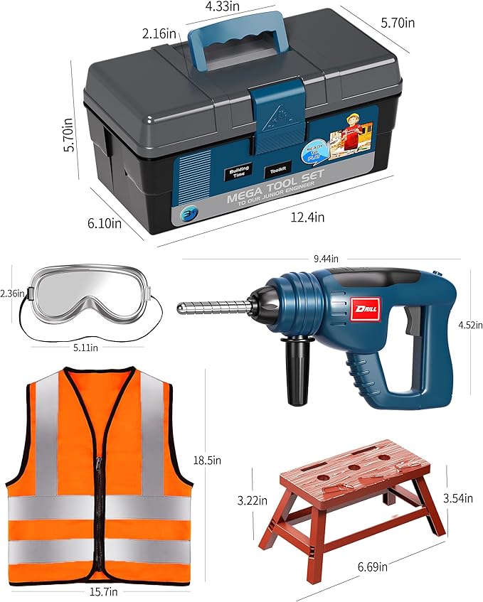 Deejoy Tool Set with Tool Box & Electronic Toy Drill, Pretend Play Kids Construction Kits for Kids Ages 3-5 Years Old, Toddler Boy Toys (Blue)