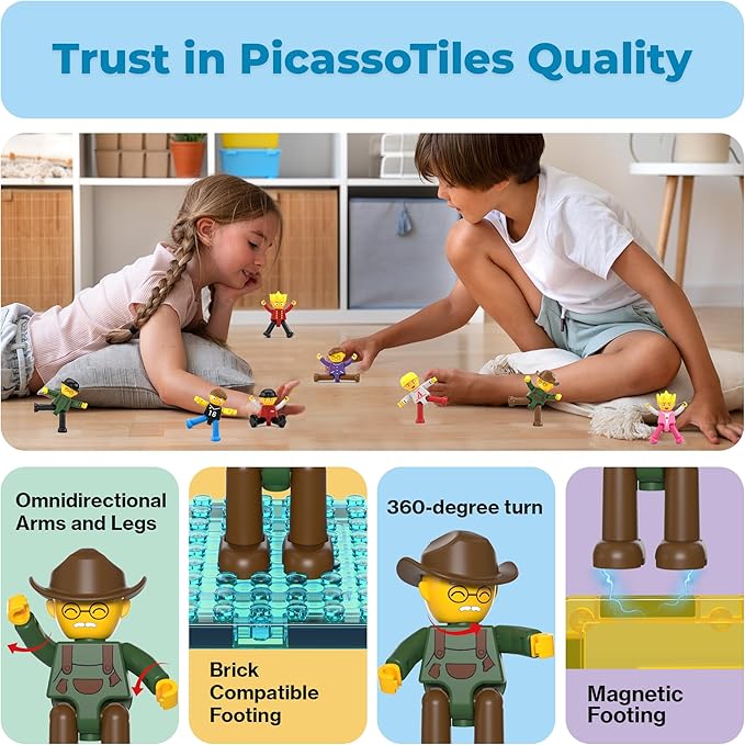 PicassoTiles Magnetic Tiles Compatible 8pc Character Action Figures Arms Legs Move in Different Directions Magnet Tile Toddler Picasso Add On Set Educational Toddlers Toy Pretend Play Ages 3+ PTA03