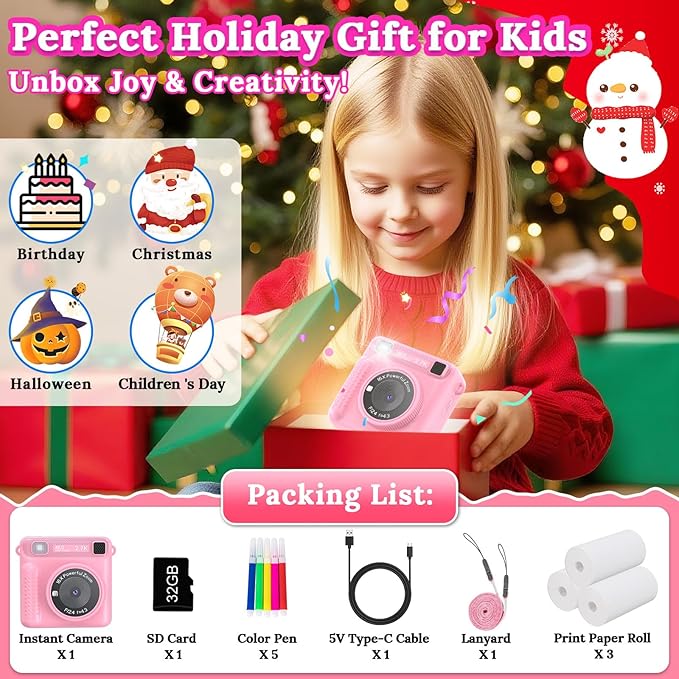 Kids Instant Print Camera - Christmas Birthday Gift for Boys and Girls Ages 3-12, Kids Digital Camera Toys with 1080P HD Video, 32GB Card (Pink Pro)