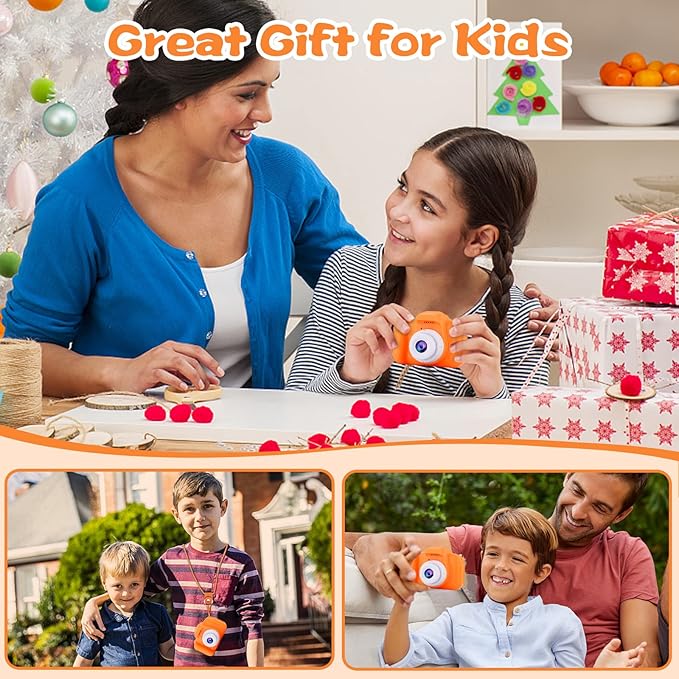 PROGRACE Orange Kids Camera, Birthday for Girls and Boys Ages 3-12, HD Digital Video Camera for Toddlers, IPS HD Screen, Portable Toy with 32GB SD Card