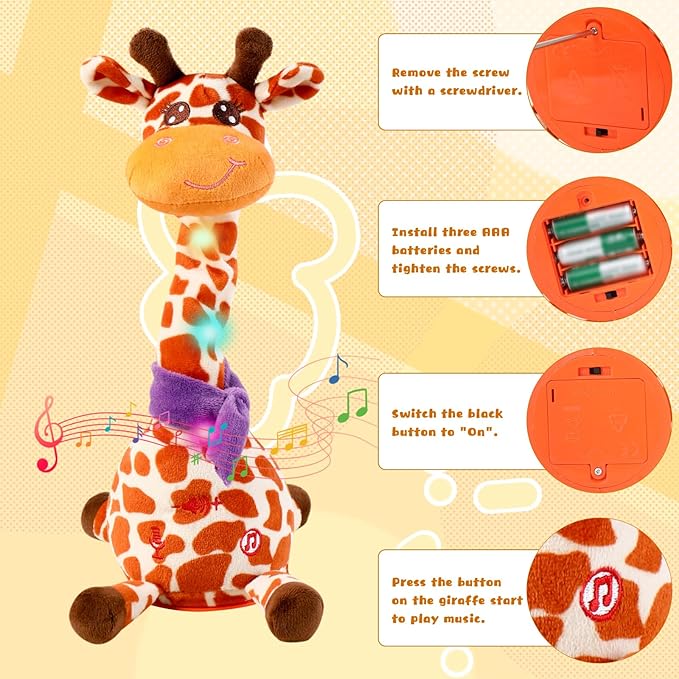 JISONCASE Christmas Talking Dancing Giraffe Baby Toy, Adjustable Volume Tummy Time Toy Repeating What You Say, Singing Mimicking Recording Sensory Education Gifts for Toddlers Boy Girls(Spotted)
