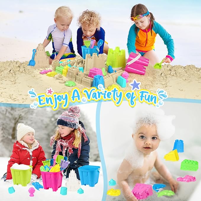 Beach Toys for Toddlers, Sand Castle Toys with 3 Bucket, 6 Shovels, Mesh Bag & Sandbox Molds Travel Sand Toys for Beach Sandbox Toys for Toddlers Kids Baby Boys Girls Age 3-10