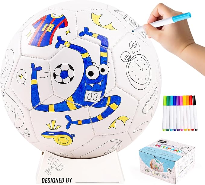 EVERICH Paint Your Own Soccer Ball with Markers, Toddler Arts and Crafts Kits Soccer Gifts for Girls Boys, Size 3 Monster Toys Coloring Custom Soccer Ball Game Birthday Gifts for Kids 3 4 5 6-8 8-12